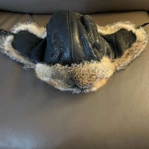 Barneys New York 100% Real Fox Fur Black Leather Trapper Winter Hat main image 8